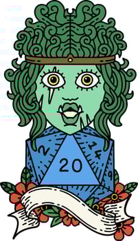 Retro Tattoo Style half orc barbarian with natural twenty dice roll vector