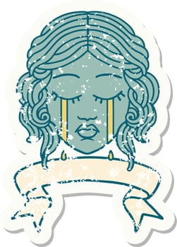 worn old sticker with banner of female face crying vector