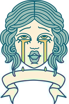 traditional tattoo with banner of a very happy crying female face vector
