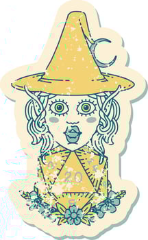 Retro Tattoo Style elf mage character with natural twenty dice roll vector