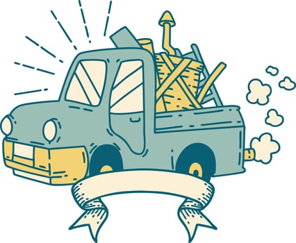 scroll banner with tattoo style truck carrying junk vector