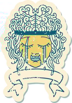 Retro Tattoo Style crying orc barbarian character face with banner vector