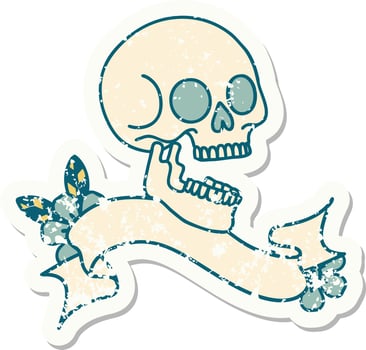 worn old sticker with banner of a skull vector