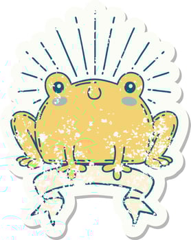 worn old sticker of a tattoo style happy frog vector