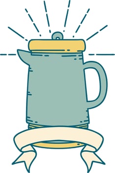 scroll banner with tattoo style coffee pot vector