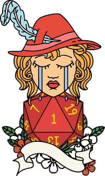 crying human bard with natural 1 D20 roll illustration vector