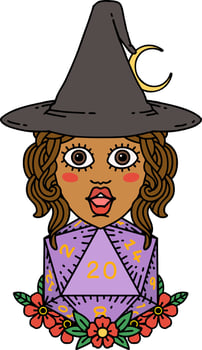 human witch with natural twenty dice roll illustration vector