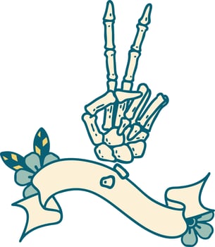 tattoo with banner of a skeleton hand giving a peace sign vector