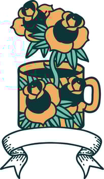 tattoo with banner of a cup and flowers vector