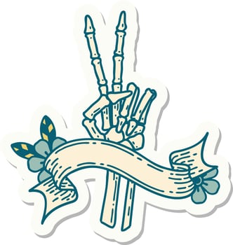 tattoo sticker with banner of a skeleton hand giving a peace sign vector