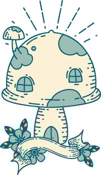 banner with tattoo style toadstool house vector