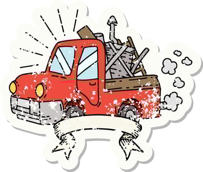 grunge sticker of tattoo style truck carrying junk vector