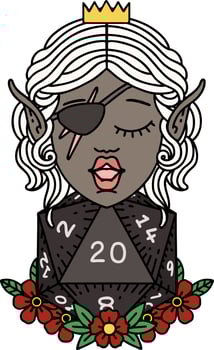 elf rogue character with natural twenty dice roll illustration vector