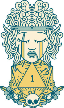 crying elf barbarian character with natural one D20 roll illustration vector