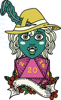 singing half orc bard with natural twenty dice roll illustration vector