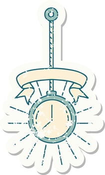 grunge sticker of tattoo style gold pocket watch vector