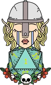 sad elf fighter character with natural one d20 roll illustration vector
