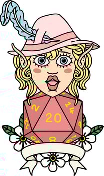 elf bard with natural twenty dice roll illustration vector