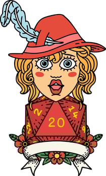 human bard character with natural 20 dice roll illustration vector