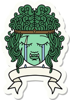 crying orc barbarian character face with banner sticker vector