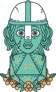 half orc fighter character with natural twenty dice roll illustration vector