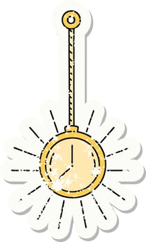 grunge sticker of tattoo style gold pocket watch vector