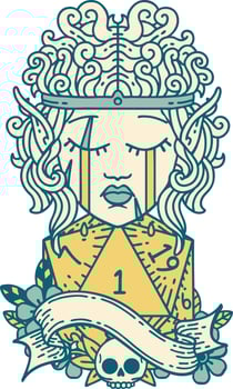 crying elf barbarian character face natural one d20 roll illustration vector