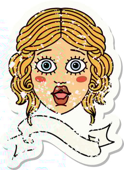 grunge sticker with banner of female face vector