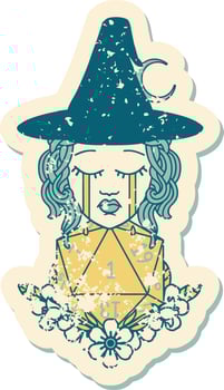 crying human witch with natural one D20 dice roll grunge sticker vector