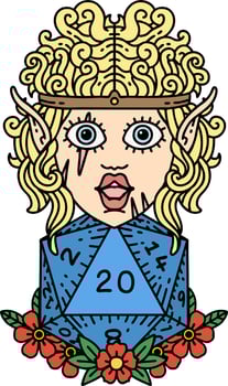 elf barbarian character with natural twenty dice roll illustration vector
