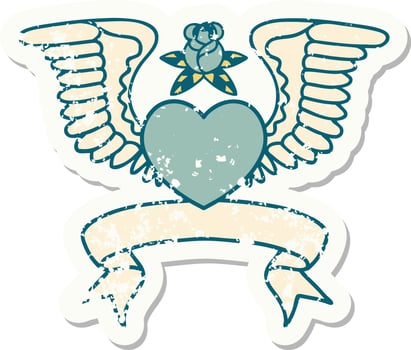 grunge sticker with banner of a heart with wings vector