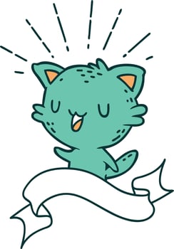 banner with tattoo style happy cat vector