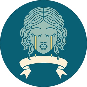 icon with banner of female face crying vector