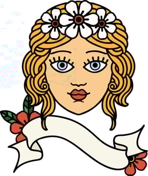 tattoo with banner of female face with crown of flowers vector
