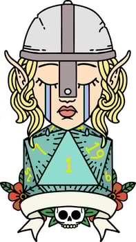 crying elf fighter character face with natural one D20 roll illustration vector