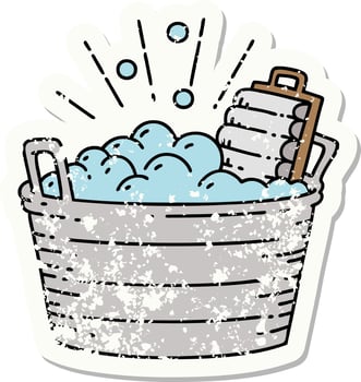 grunge sticker of tattoo style old washboard and scrubbing bowl vector