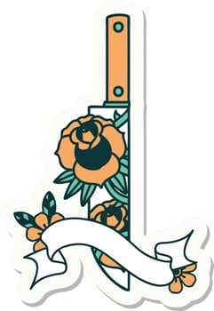 tattoo sticker with banner of a dagger and flowers vector