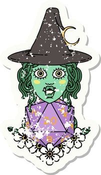 half orc witch with natural twenty dice roll grunge sticker vector