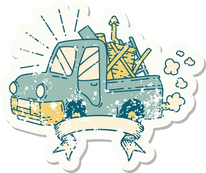 grunge sticker of tattoo style truck carrying junk vector
