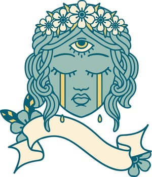 tattoo with banner of female face with third eye crying vector