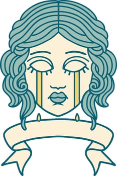 traditional tattoo with banner of female face crying vector
