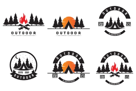 Camping Logo Design, Outdoor illustration of forest and mountain scenery vector