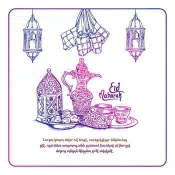 Hand drawing Eid Mubarak party food menu. Arabic elements, sweets, lantern vector design on white background for card, invitation, poster, banner.
