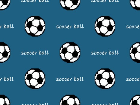 Soccer ball cartoon character seamless pattern on blue background. Pixel style vector