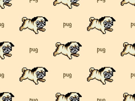 Pug cartoon character seamless pattern on yellow background. Pixel style vector