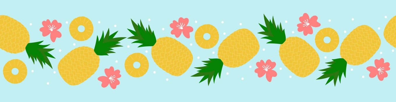 Pineapple seamless border. Cartoon whole fruit, slices and flowers on blue background vector