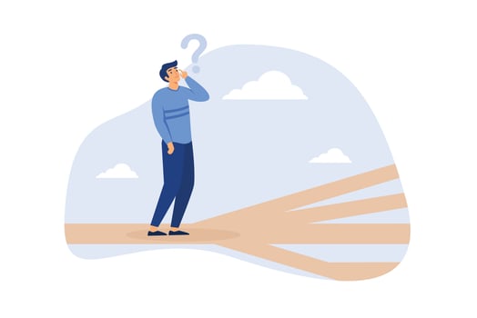 Business direction, choosing options or multiple path, make decision for career path or business growth, paradox of choice concept, confused businessman thinking make decision on multiple route ahead. vector