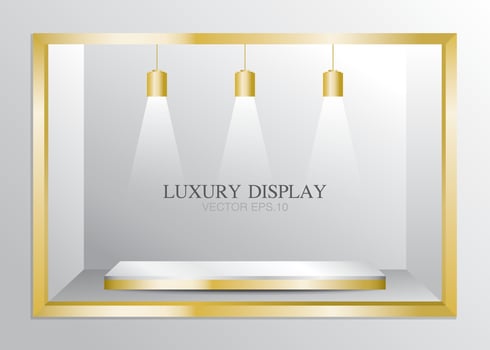 luxury window display with gold stage and lamps 3D illustration vector for putting your object.