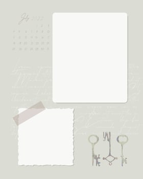 Collage july 2022 calendar to do list reminder notes planner, newspaper , text and key, old paper, stamp key. Vintage craft. vector