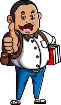The young man is holding a lot of book and giving the thumb up vector